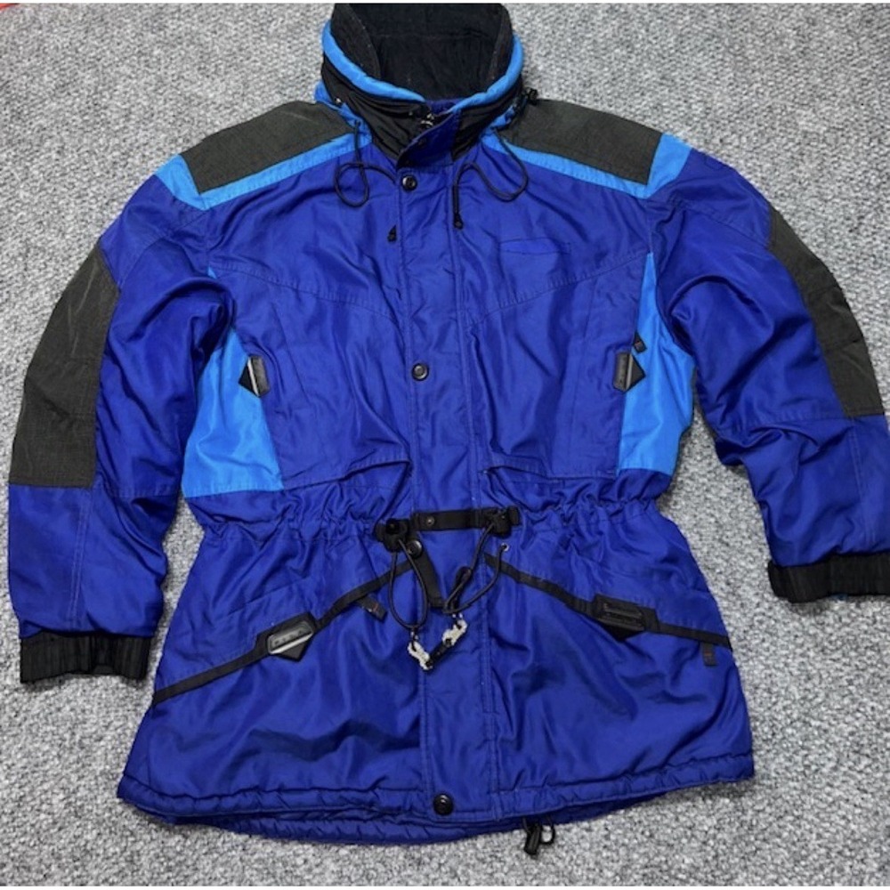 Fila XL Blue Black Colorblock Ski Jacket Hooded Drawstring Waist Zipped Pockets